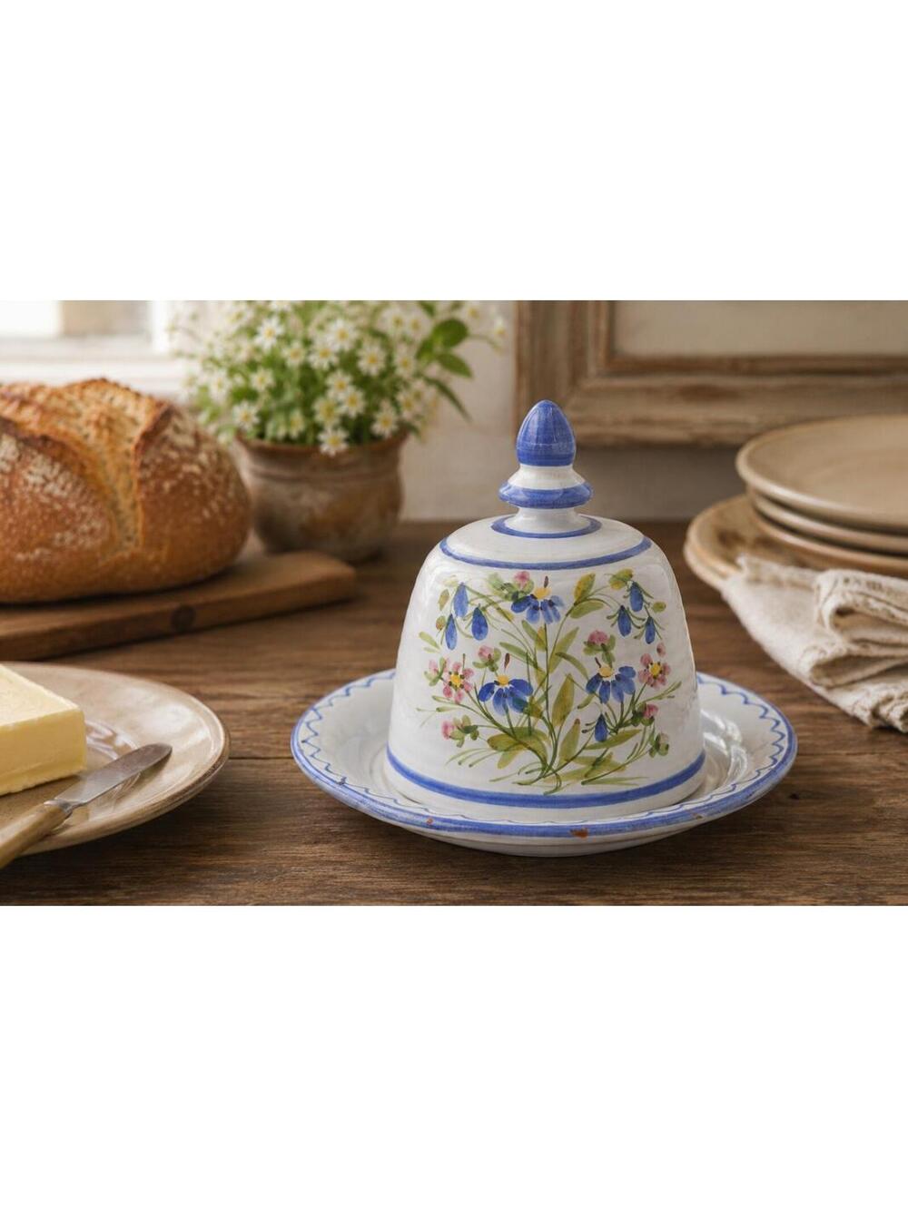 Handpainted Faience Style Studio Pottery Butter Dish/Cheese Dome Signed